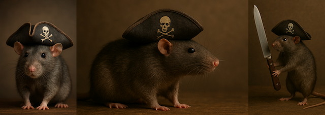 In honor of one of the novel’s characters, I asked ChatGPT to draw some realistic rats wearing pirate hats. (Apparently those are the correct numbers of toes. TIL!)