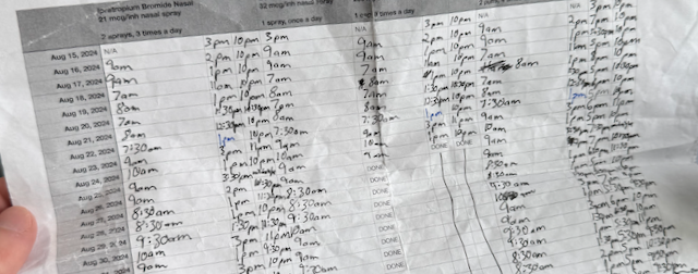 a photo of the spreadsheet I printed out and filled in to help me keep track of meds for my lingering COVID symptoms