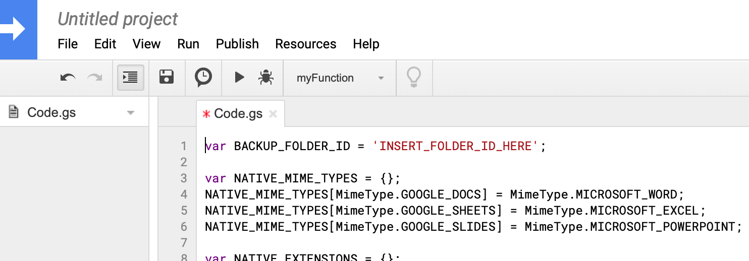 Screenshot of the script pasted from the gist into Google Scripts.