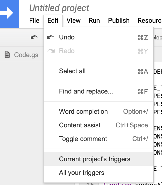 Screenshot of the menu item for viewing the project's triggers.